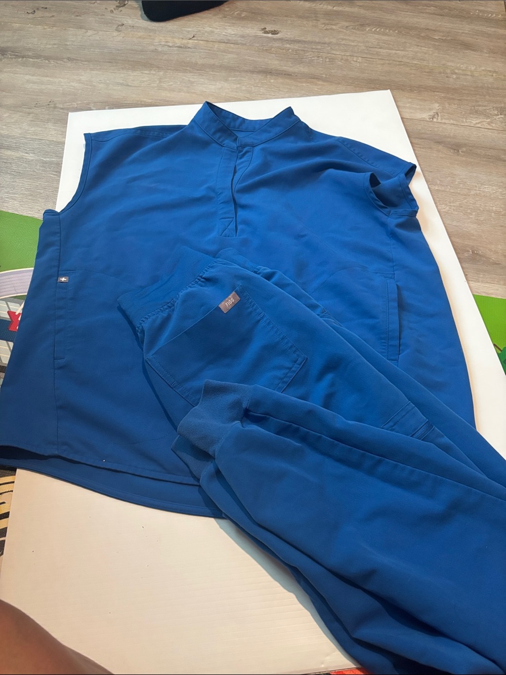 Figs Blue Mandarin Collar Medical Top And Pants 2 Piece Set